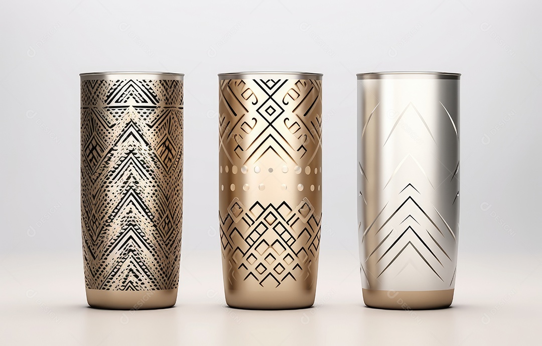 Embalagem de copo metálico realista com padrão étnico em fundo branco. Conceito de comida e bebida Design de conceito de produto.
