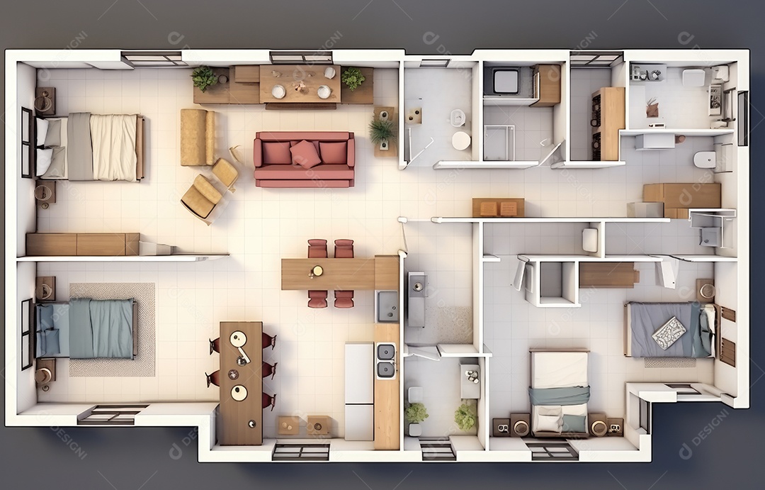 Plano de paisagismo com vista superior com casa, uma casa particular com cozinha, quartos, sala de estar, sala de jantar, banheiro e móveis