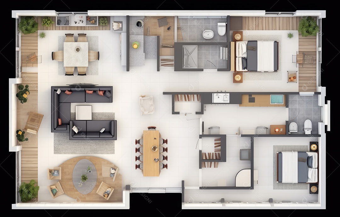 Plano de paisagismo com vista superior com casa, uma casa particular com cozinha, quartos, sala de estar, sala de jantar, banheiro e móveis