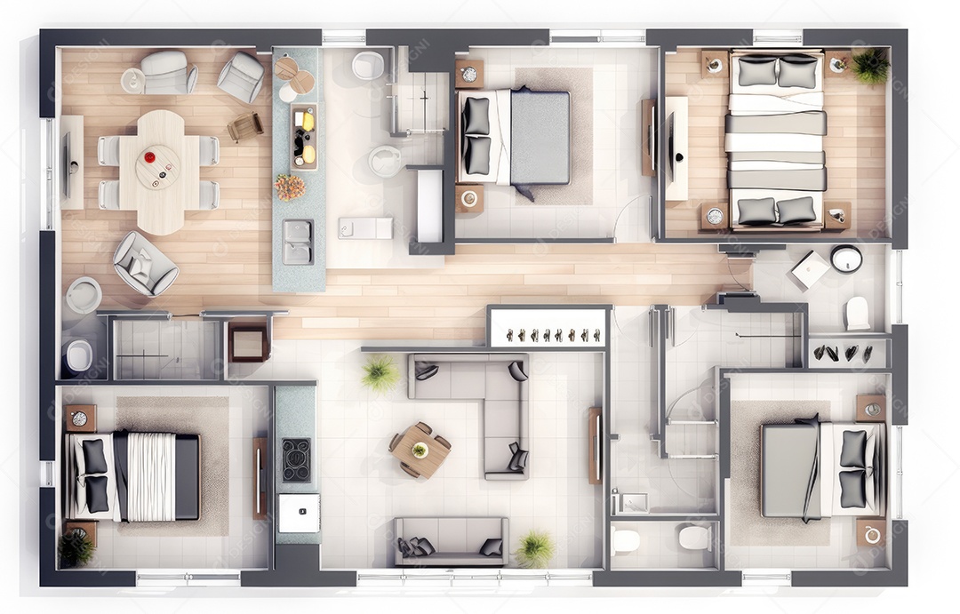 Plano de paisagismo com vista superior com casa, uma casa particular com cozinha, quartos, sala de estar, sala de jantar, banheiro e móveis