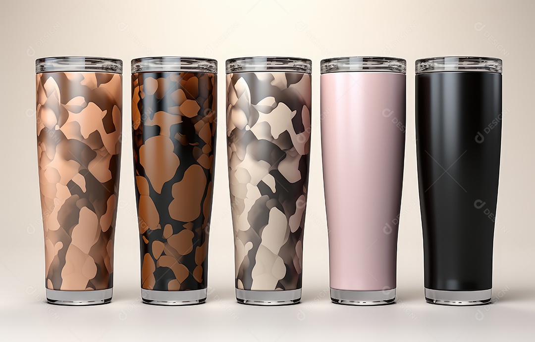 Embalagem de copo metálico realista com padrão de camuflagem em fundo branco. Conceito de comida e bebida Design de conceito de produto.