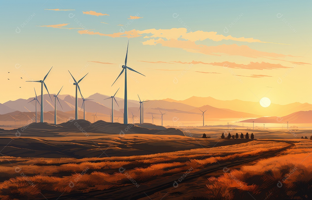 Paisagem de turbinas eólicas ao amanhecer, luz suave da manhã, campos serenos