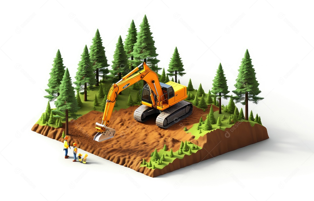 Conceito de desenvolvimento de terras limpeza de retroescavadeira em floresta isométrica e engenheiro trabalhando com trabalhador