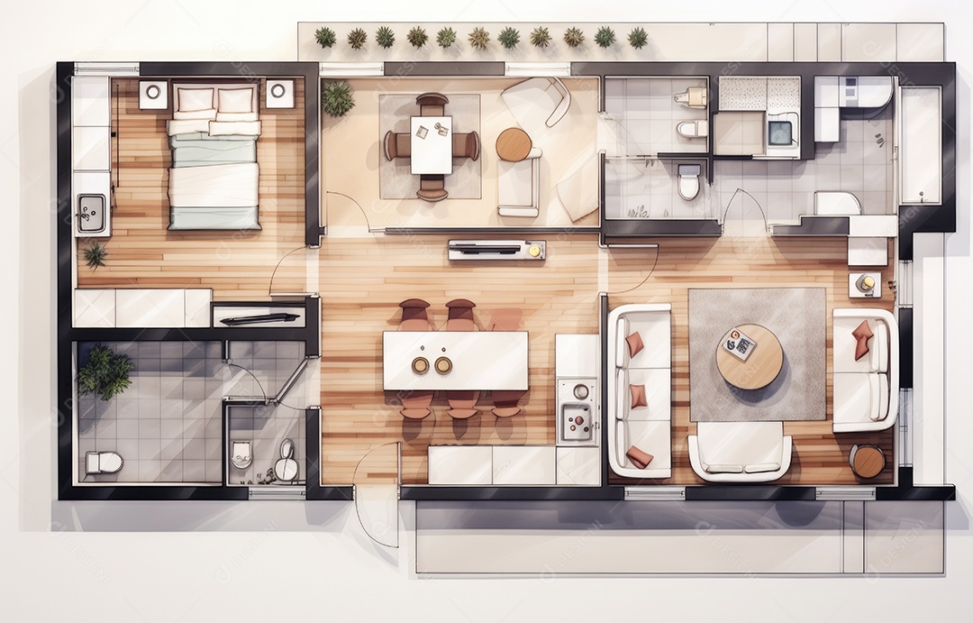 Plano de paisagismo com vista superior com casa, uma casa particular com cozinha, quartos, sala de estar, sala de jantar, banheiro e móveis