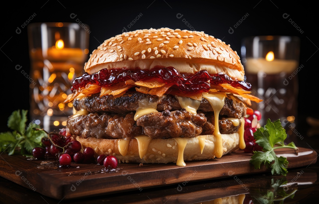 Gostoso hambúrguer de carne na mesa de madeira