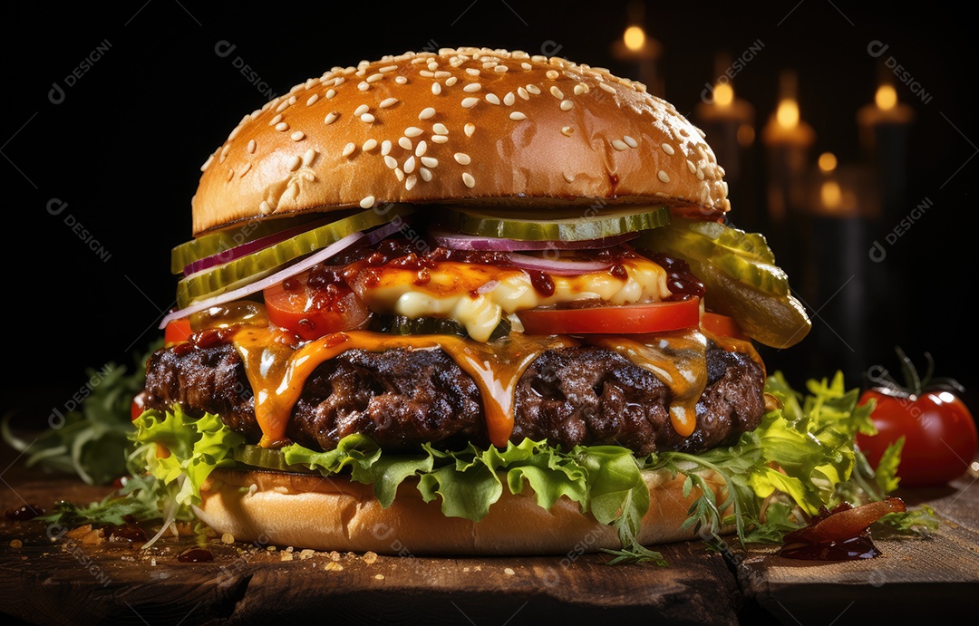 Gostoso hambúrguer de carne na mesa de madeira