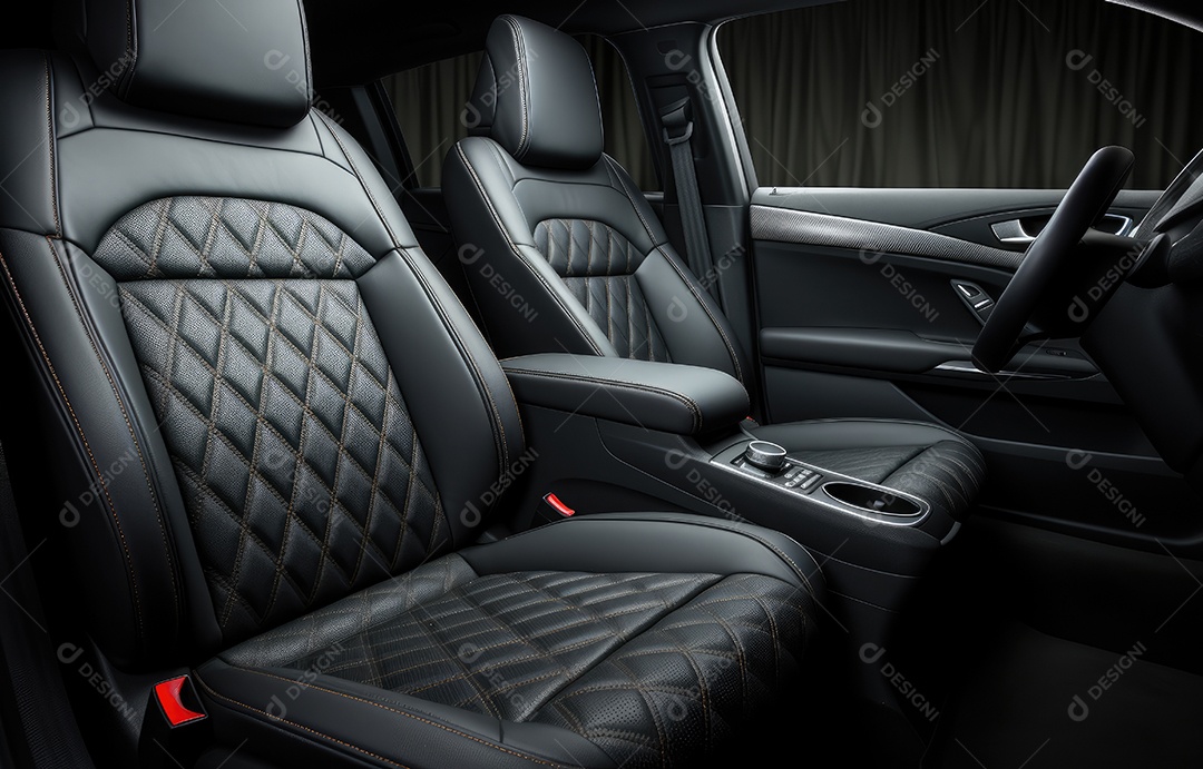 Interior do carro com assentos almofadados, assentos traseiros de couro