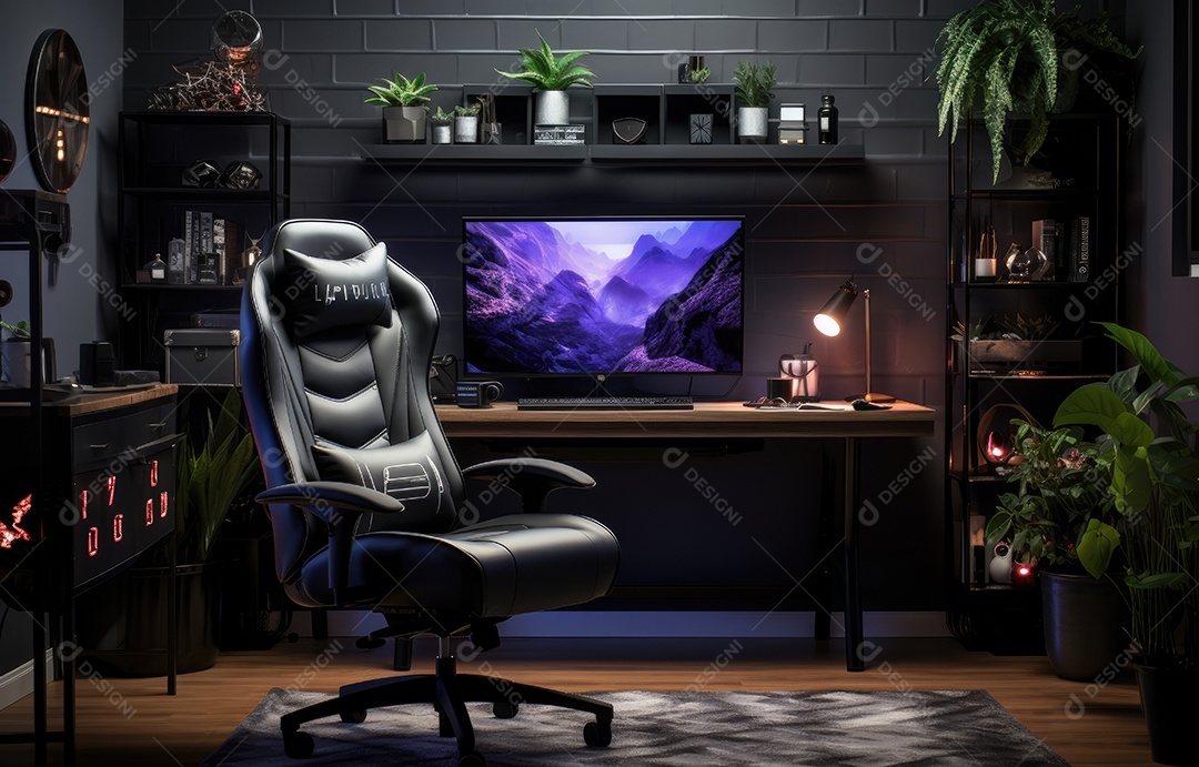 Área de trabalho cercada por luzes LED coloridas.