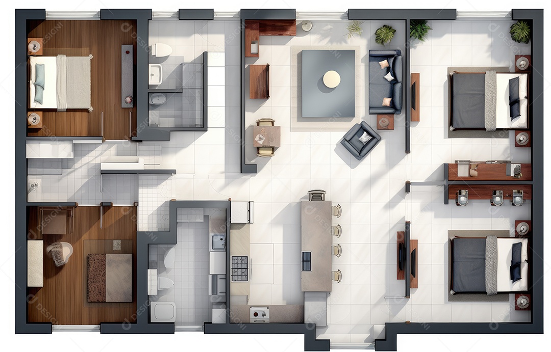 Plano de paisagismo com vista superior com casa, uma casa particular com cozinha, quartos, sala de estar, sala de jantar, banheiro e móveis