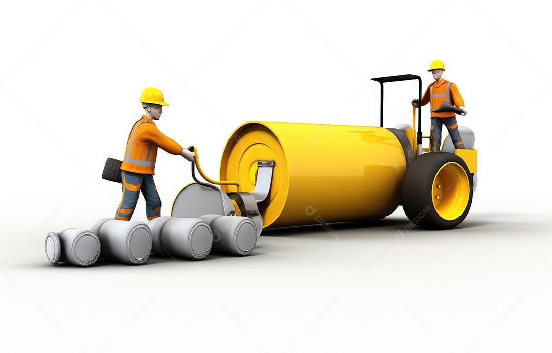 Engenheiro de construção de estradas trabalha com trabalhador e rolo de tambor duplo amarelo