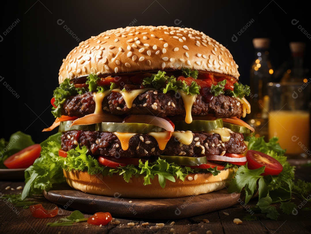 Cheeseburger ou hambúrguer, sobre fundo de madeira. Comida rápida