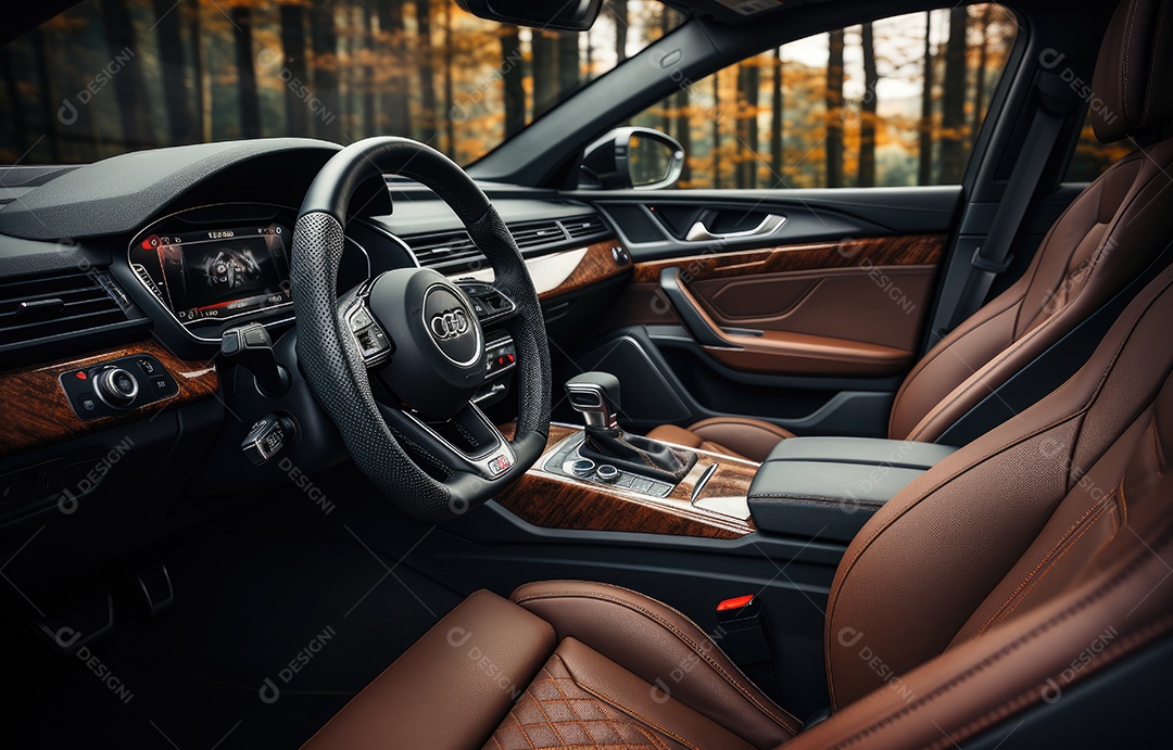 Interior do carro com assentos almofadados, assentos traseiros de couro