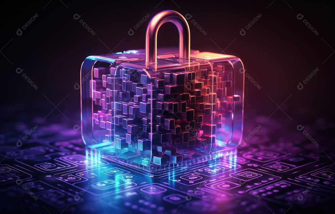 Ícone de cadeado digital, rede de segurança cibernética e tecnologia de proteção de dados na interface virtual