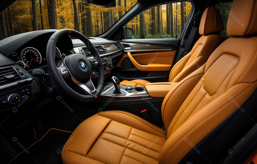 Interior do carro com assentos almofadados, assentos traseiros de couro