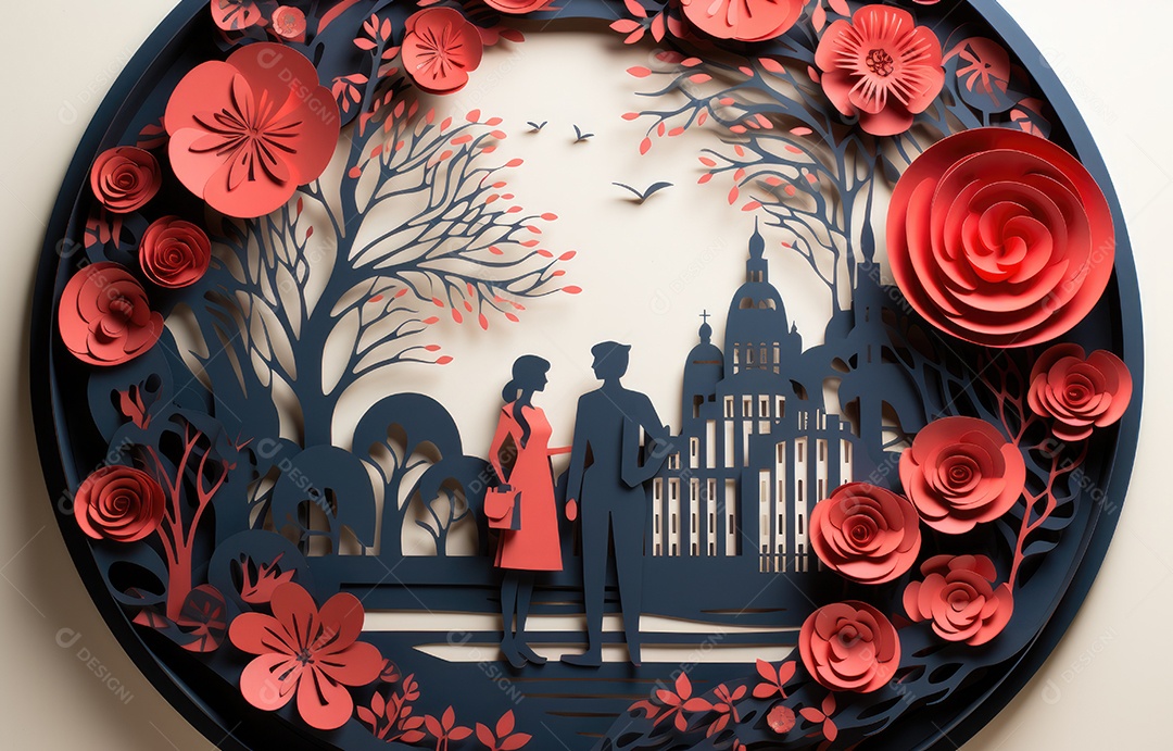 Fundo do conceito de dia dos namorados. Corações vermelhos 3D e flores de corte de papel.