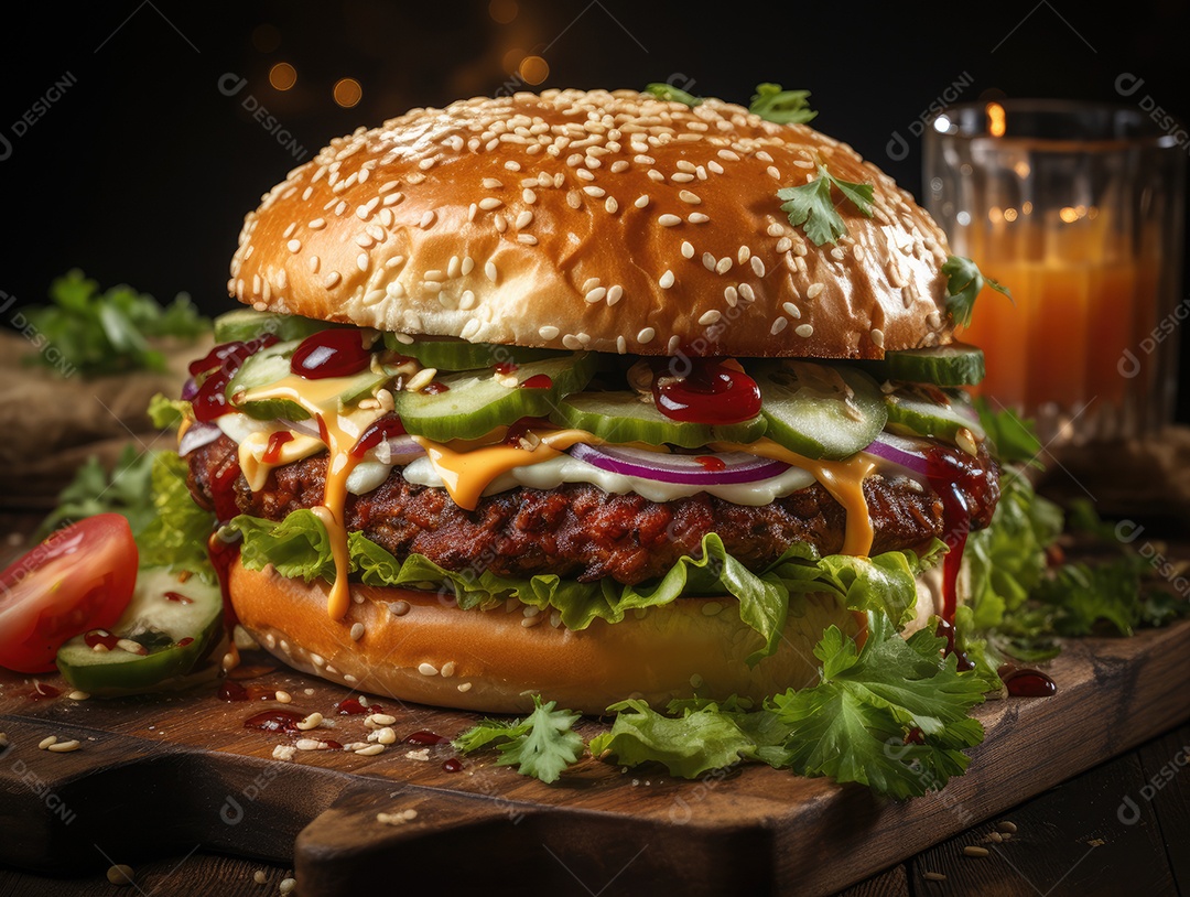 Cheeseburger ou hambúrguer, sobre fundo de madeira. Comida rápida