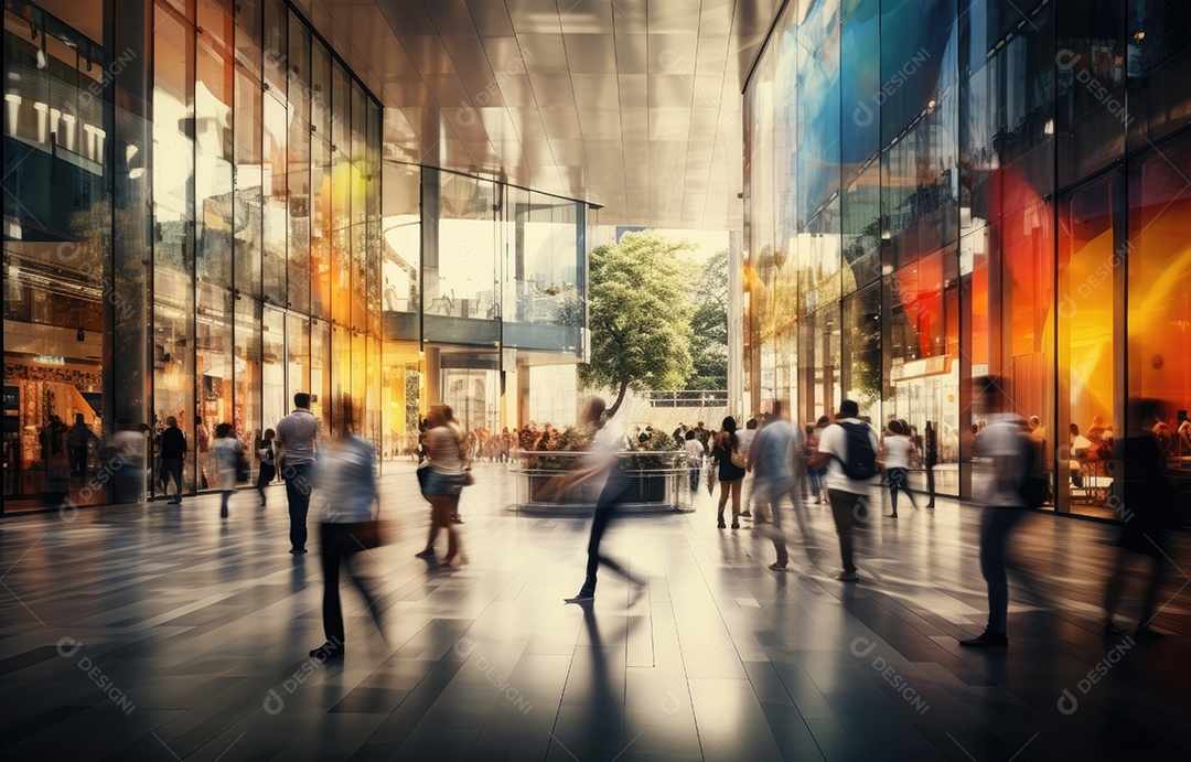 Efeito de desfoque de movimento, cena movimentada de shopping center, diversas pessoas com sacolas coloridas, arquitetura moderna
