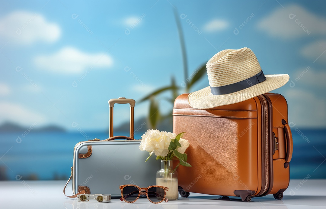 Itens essenciais de viagem bem organizados, uma mala azul vibrante, óculos de sol da moda, um chapéu chique e uma câmera clássica