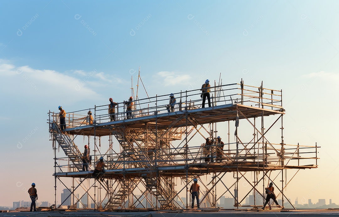 Equipe de construção colaborando em um grande projeto de construção, diversos trabalhadores discutindo planos e estratégias