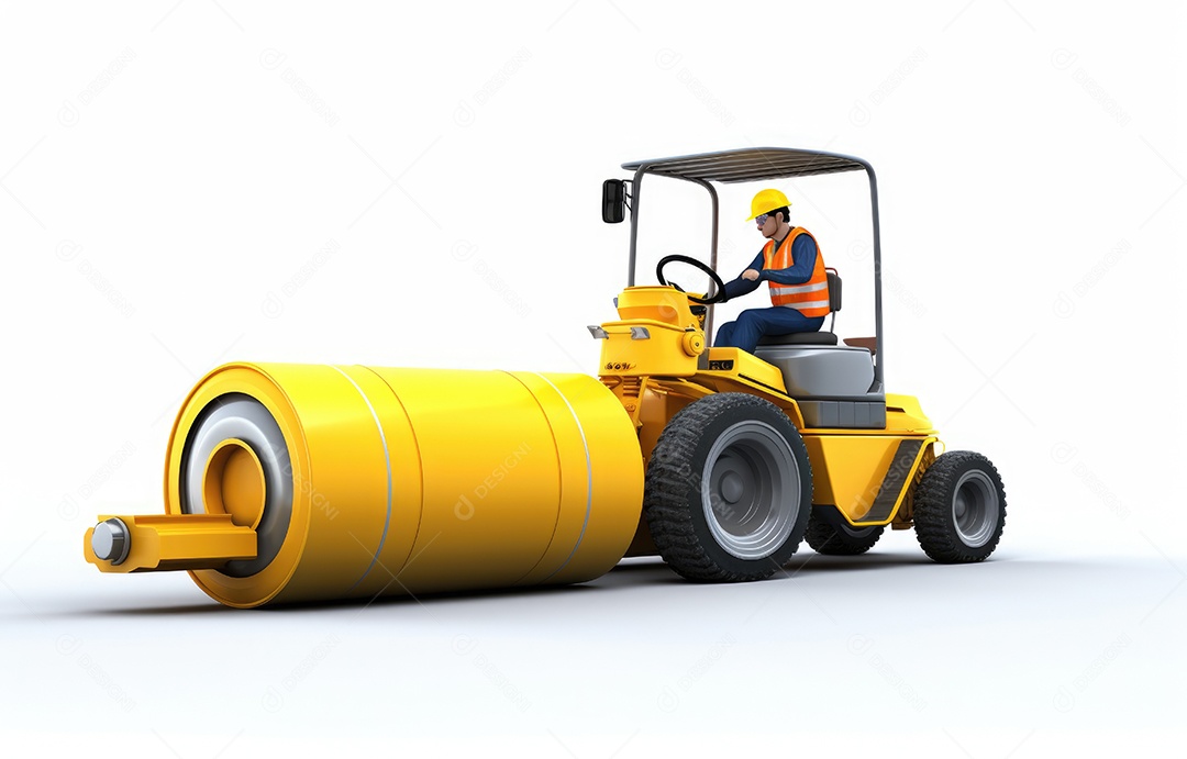 Engenheiro de construção de estradas trabalha com trabalhador e rolo de tambor duplo amarelo