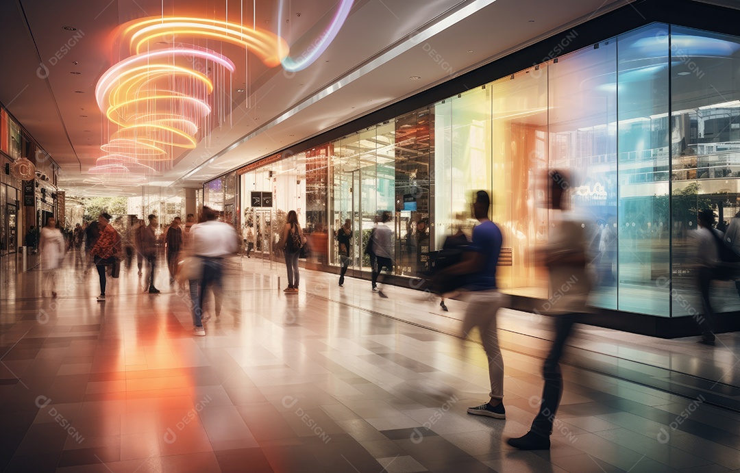 Efeito de desfoque de movimento, cena movimentada de shopping center, diversas pessoas com sacolas coloridas, arquitetura moderna
