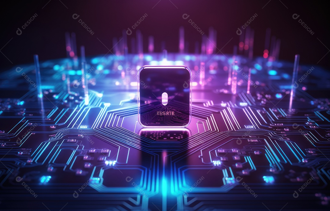 Ícone de cadeado digital, rede de segurança cibernética e tecnologia de proteção de dados na interface virtual