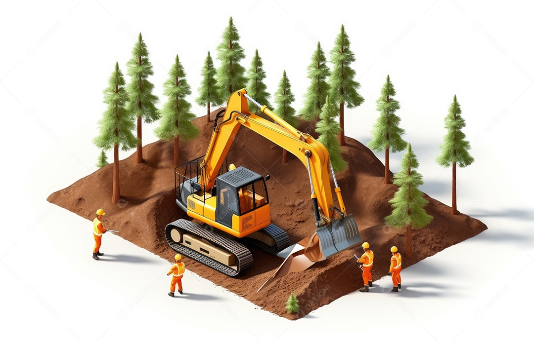 Conceito de desenvolvimento de terras limpeza de retroescavadeira em floresta isométrica e engenheiro trabalhando com trabalhador