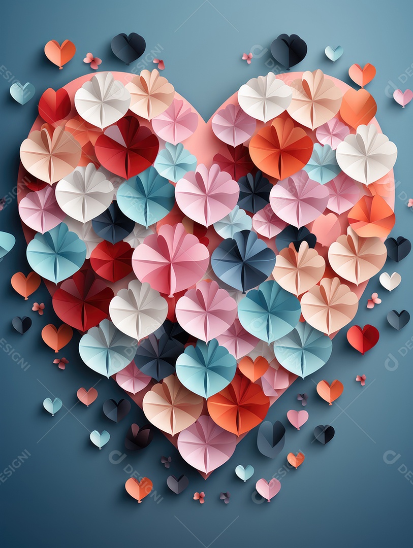 Fundo do conceito de dia dos namorados. Corações vermelhos 3D e flores de corte de papel.