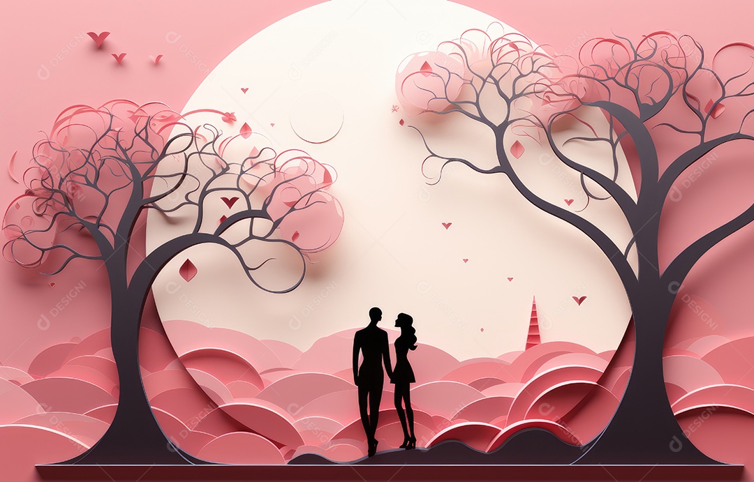 Lindo casal em um fundo em forma de coração vermelho estilo corte de papel de várias camadas,