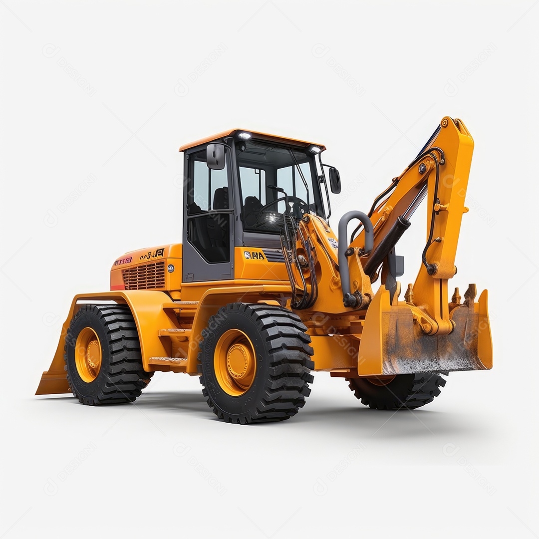 Retroescavadeira 3D em fundo branco.