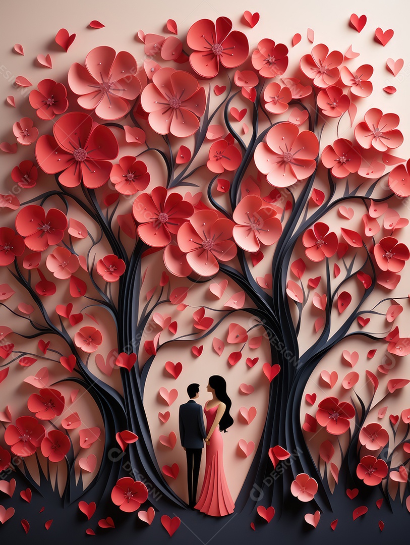 Fundo do conceito de dia dos namorados. Corações vermelhos 3D e flores de corte de papel.