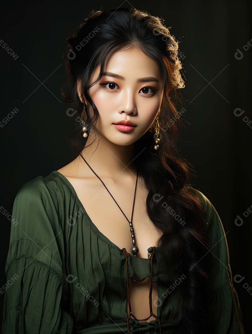 Fotografia de retrato de jovem mulher de beleza asiática com estilo de maquiagem coreano.