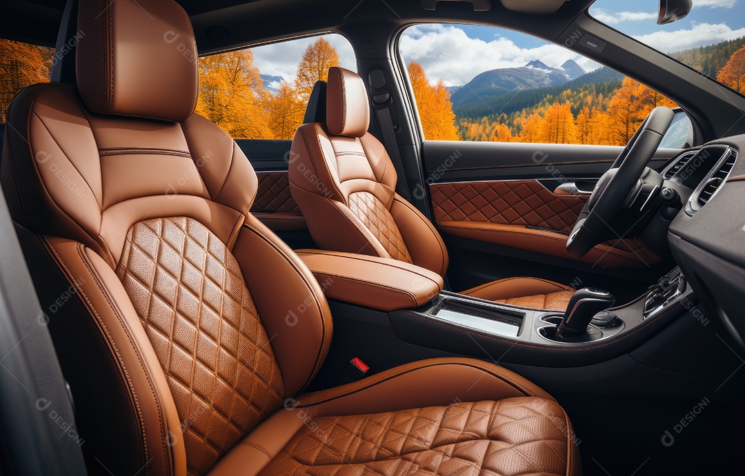 Interior do carro com assentos almofadados, assentos traseiros de couro