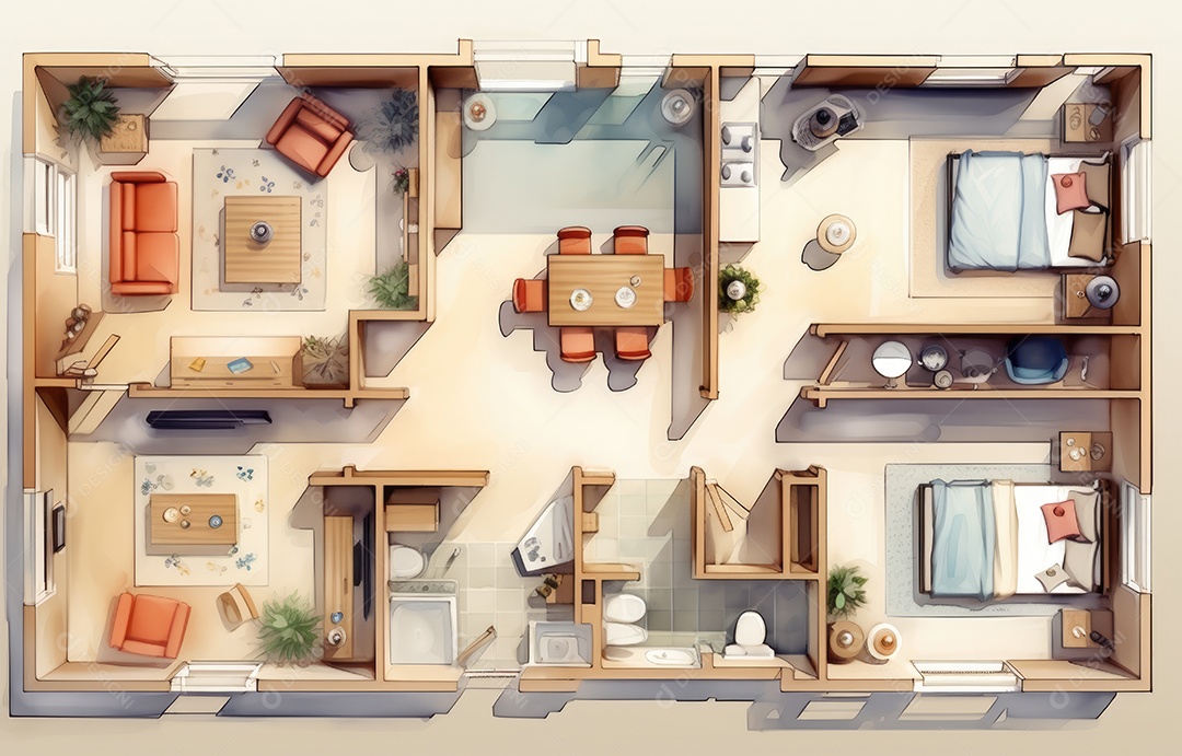 Plano de paisagismo com vista superior com casa, uma casa particular com cozinha, quartos, sala de estar, sala de jantar, banheiro e móveis