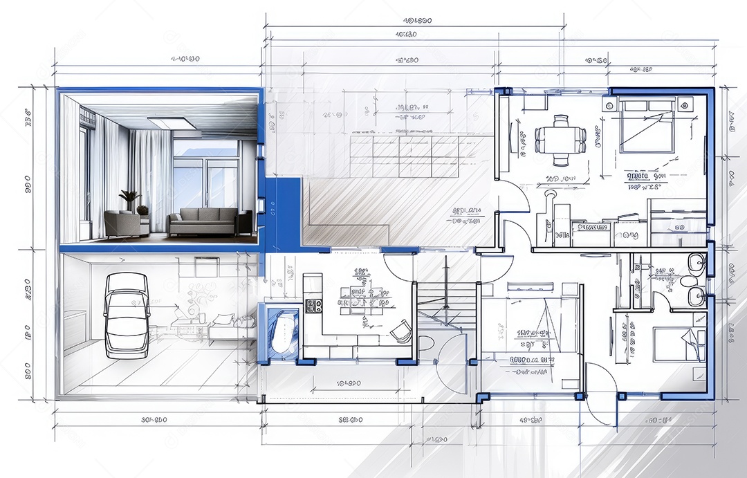 Design de interiores, projeto de casa e linha de plano de arquitetura de casa.