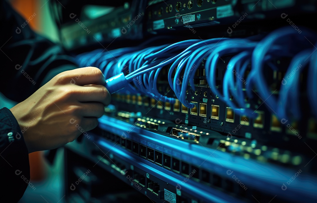 Um engenheiro de rede corta com as mãos um cabo Ethernet azul, com uma profundidade de campo muito rasa que desfoca os racks de equipamentos de rede ao redor