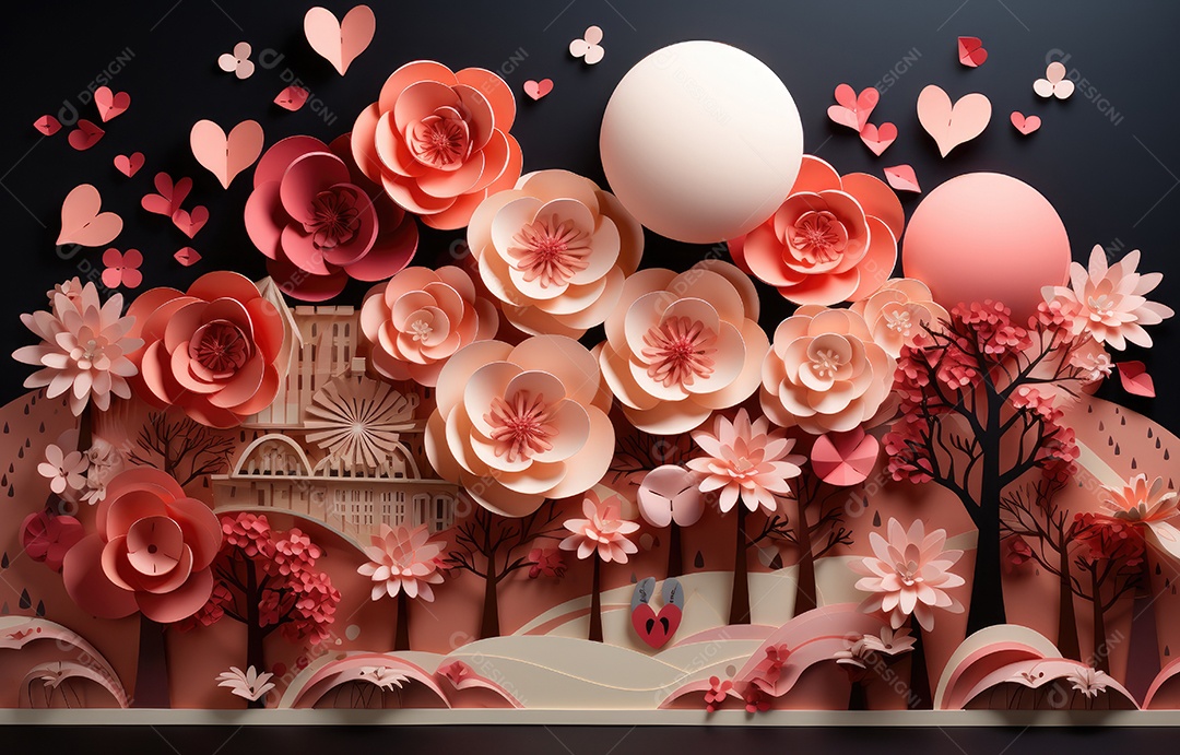 Corte de papel de Feliz Dia dos Namorados, coração com formato de coração de papel origami em fundo de cor pastel para cartão de felicitações