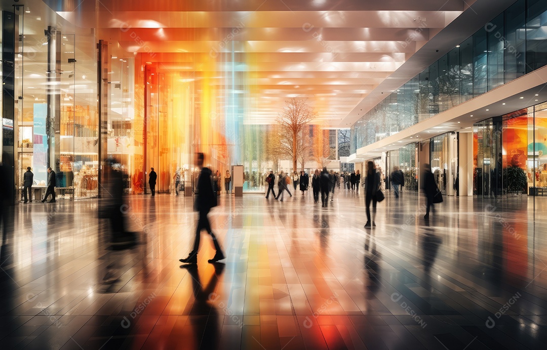 Efeito de desfoque de movimento, cena movimentada de shopping center, diversas pessoas com sacolas coloridas, arquitetura moderna