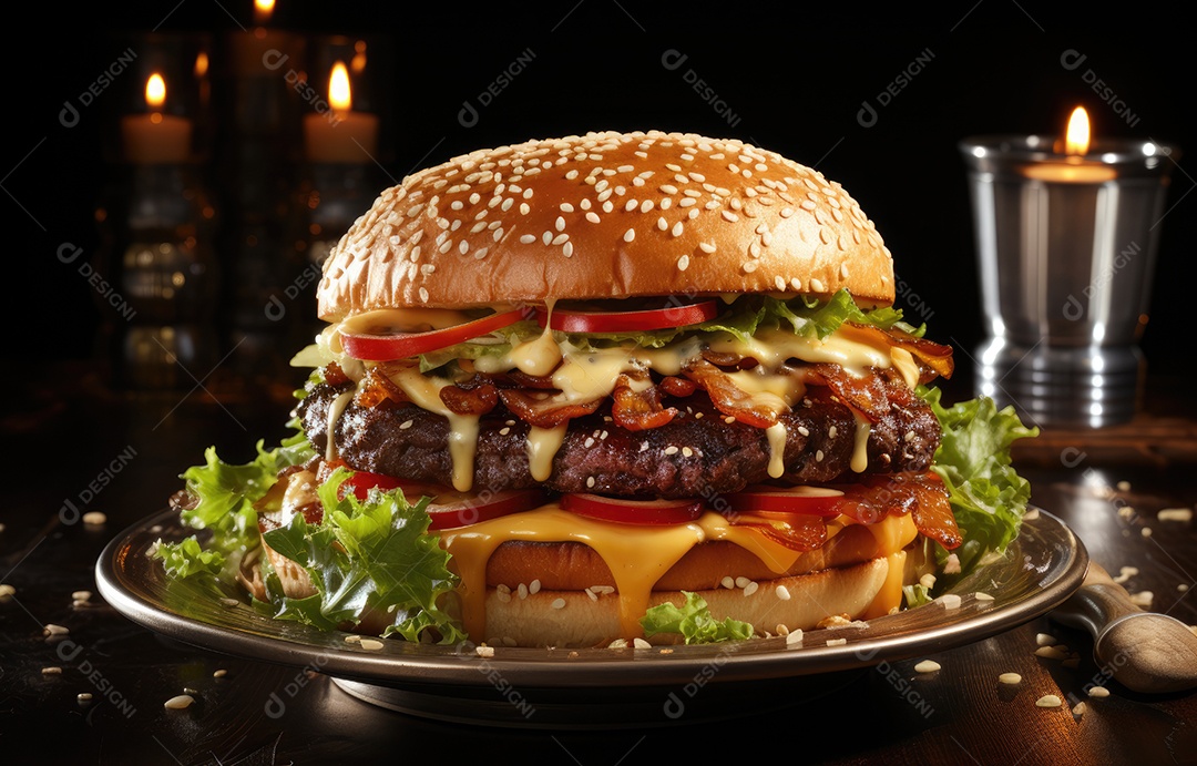 Cheeseburger ou hambúrguer, sobre fundo de madeira. Comida rápida