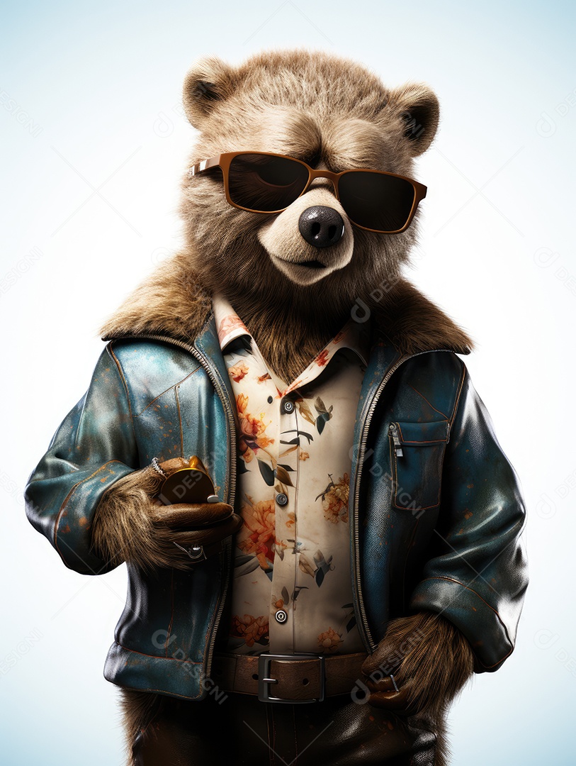 Urso de pelúcia vestindo com uma jaqueta.