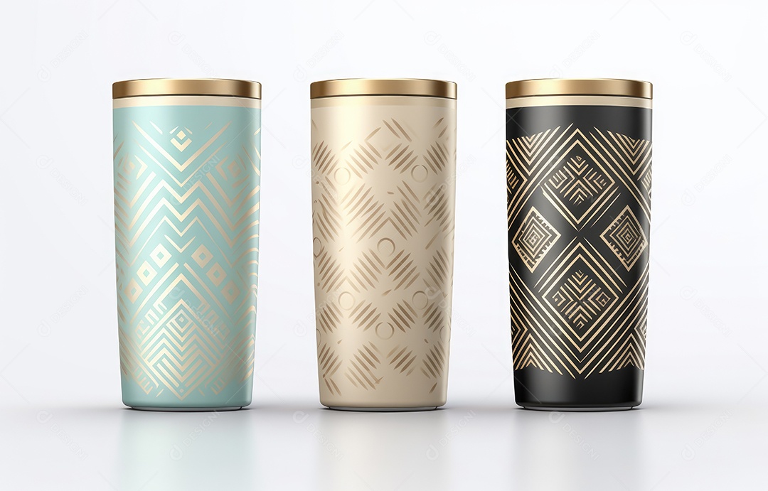 Embalagem de copo metálico realista com padrão étnico em fundo branco. Conceito de comida e bebida Design de conceito de produto.
