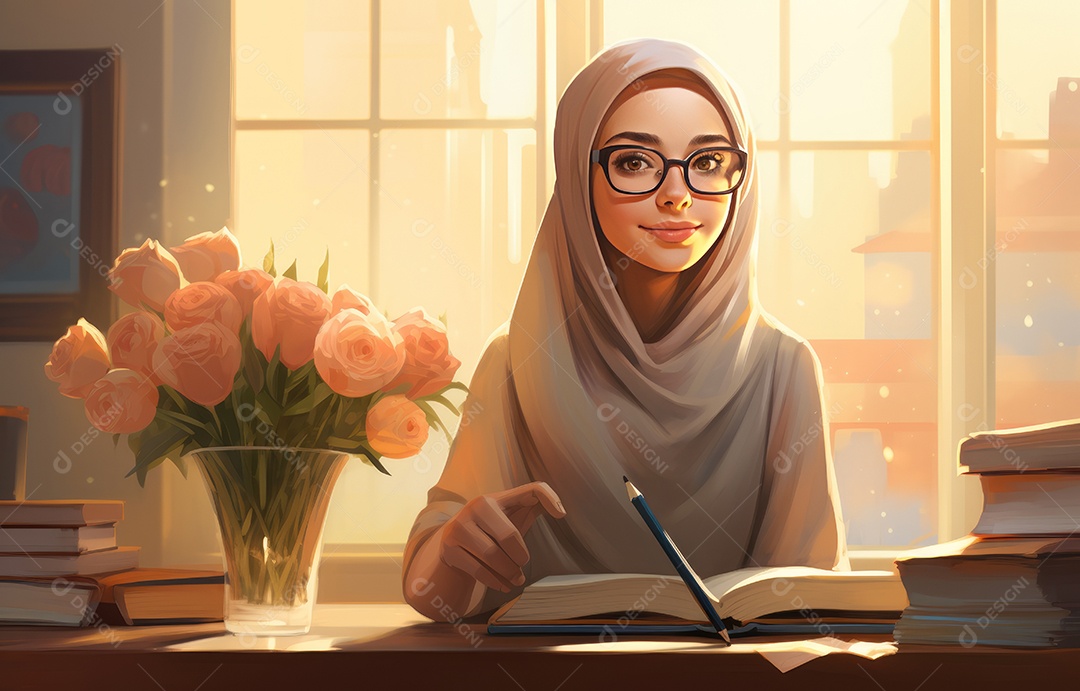 Trabalho moderno para mulheres muçulmanas. Retrato de uma garota islâmica feliz em hijab trabalhando no laptop no escritório e olhando para a câmera