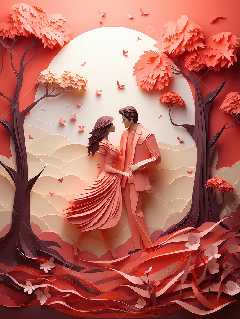 Fundo do conceito de dia dos namorados. Corações vermelhos 3D e flores de corte de papel.