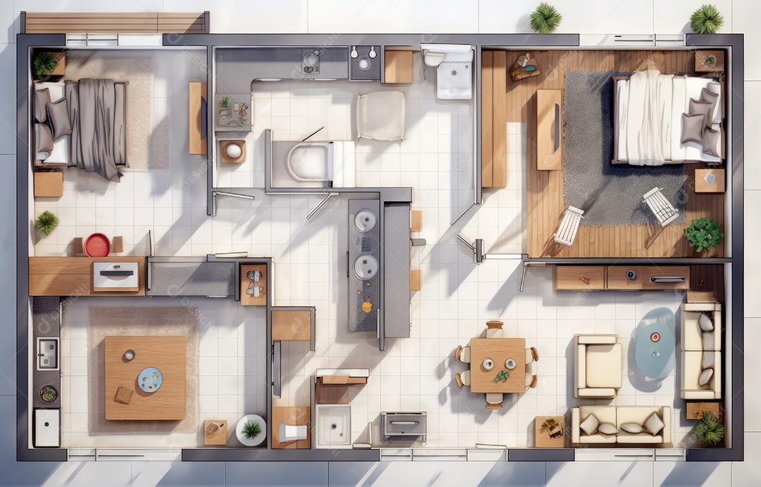 Plano de paisagismo com vista superior com casa, uma casa particular com cozinha, quartos, sala de estar, sala de jantar, banheiro e móveis