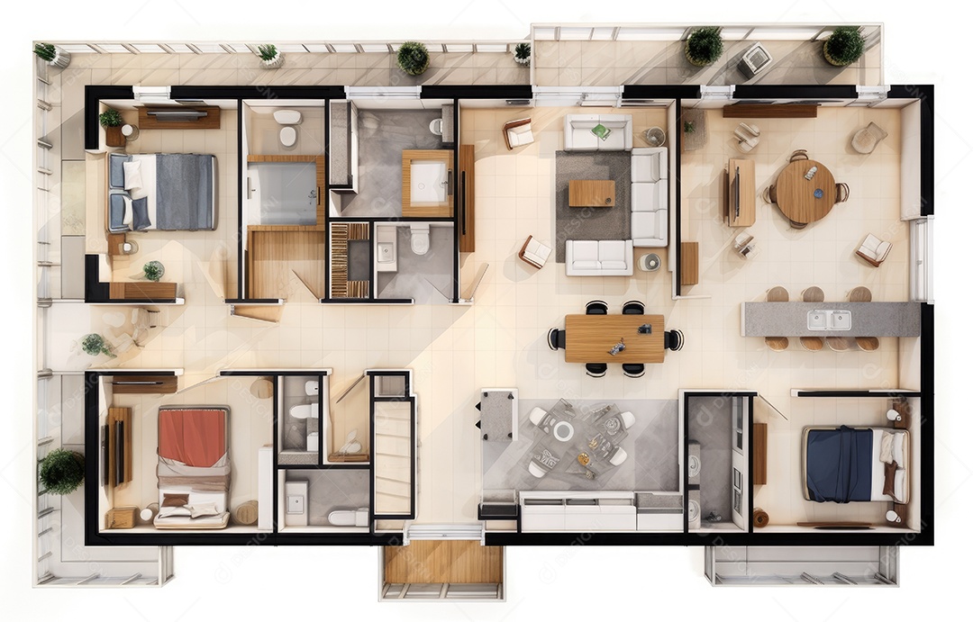 Plano de paisagismo com vista superior com casa, uma casa particular com cozinha, quartos, sala de estar, sala de jantar, banheiro e móveis