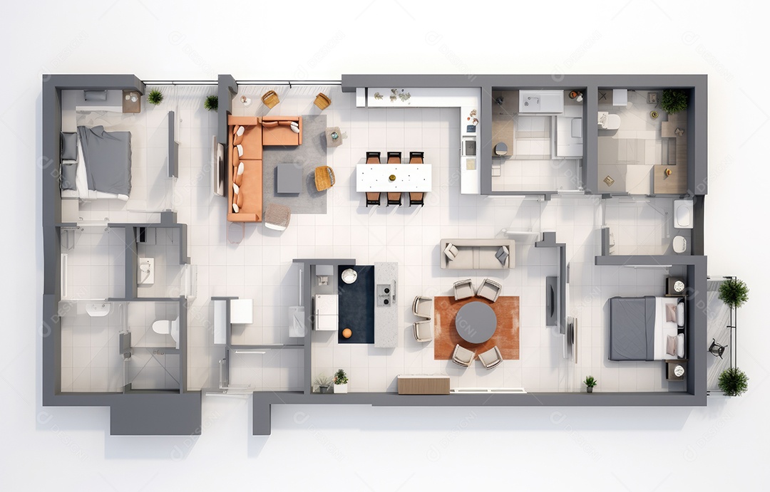 Plano de paisagismo com vista superior com casa, uma casa particular com cozinha, quartos, sala de estar, sala de jantar, banheiro e móveis