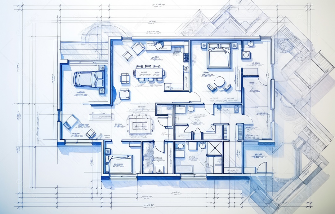 Design de interiores, projeto de casa e linha de plano de arquitetura de casa.