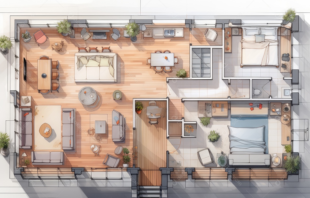 Plano de paisagismo com vista superior com casa, uma casa particular com cozinha, quartos, sala de estar, sala de jantar, banheiro e móveis