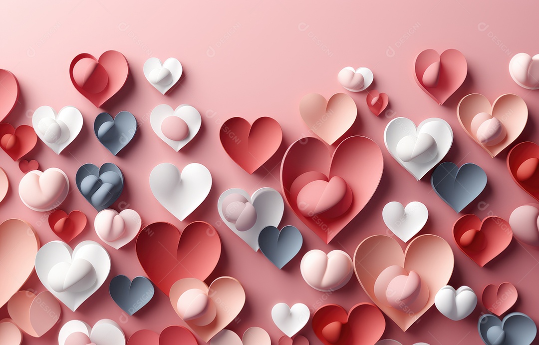 Feliz dia dos namorados saudação fundo em estilo realista de corte de papel. Corações de papel e realistas.