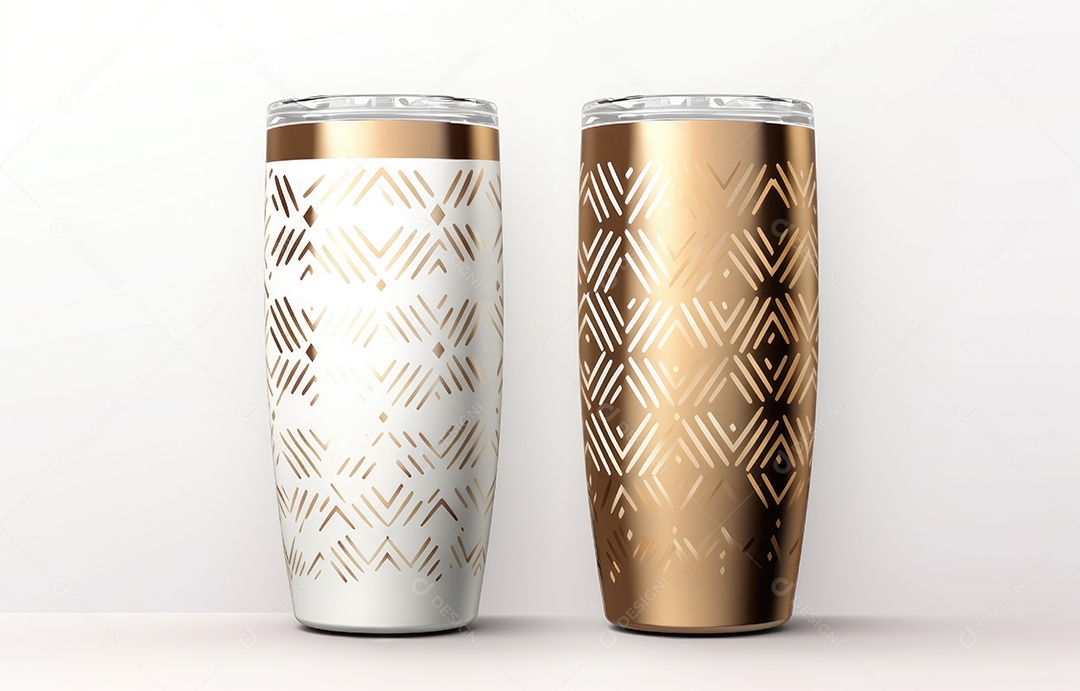 Embalagem de copo metálico realista com padrão étnico em fundo branco. Conceito de comida e bebida Design de conceito de produto.